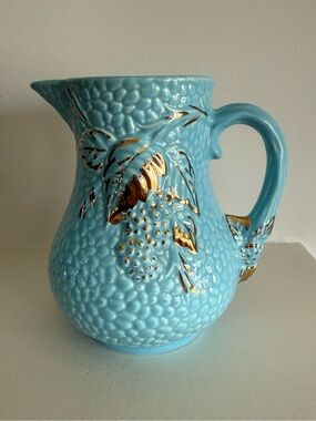 Turquoise Ceramic Pitcher with Gold Floral Highlights